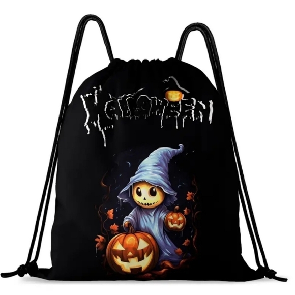Pumpkin Ghost ✦ Drawstring Backpack ✦ Black Rope Bag w/ Spooky Graphics NWT - Picture 2 of 10